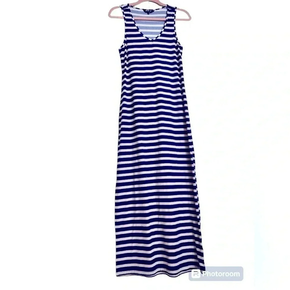 Striped Tank Maxi Dress, M, Spandex, Cream & Navy. Summer Beach Coastal - Picture 3 of 7